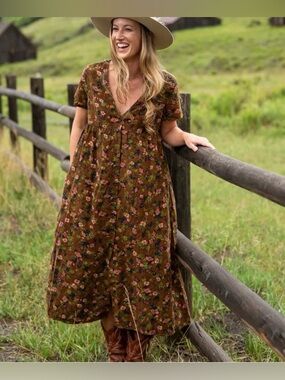 Natural Life Avery Corduroy Floral Midi Brown Dress M